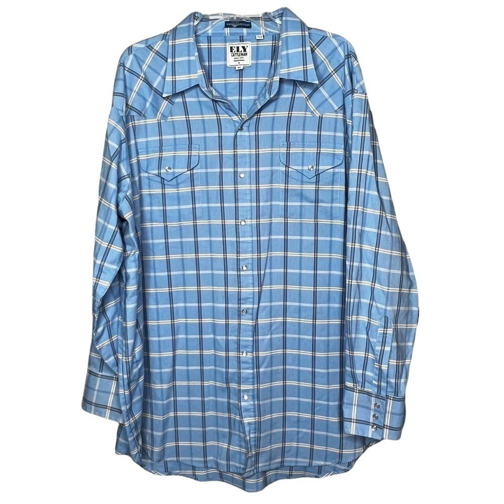 Ely Cattleman Pearl Snap Wrinkle Resistant Blue Plaid Western Shirt Size Big 3X